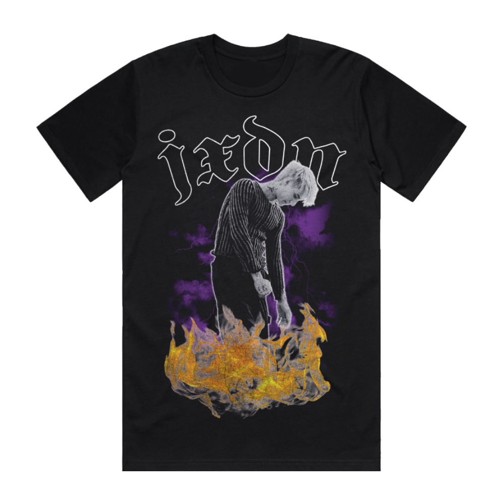 Official JXDN Merchandise. Black t-shirt with a white outline JXDN logo. Jaden Hossler standing in the middle of oranges flames in a striped shirt on a dark purple cloud background.